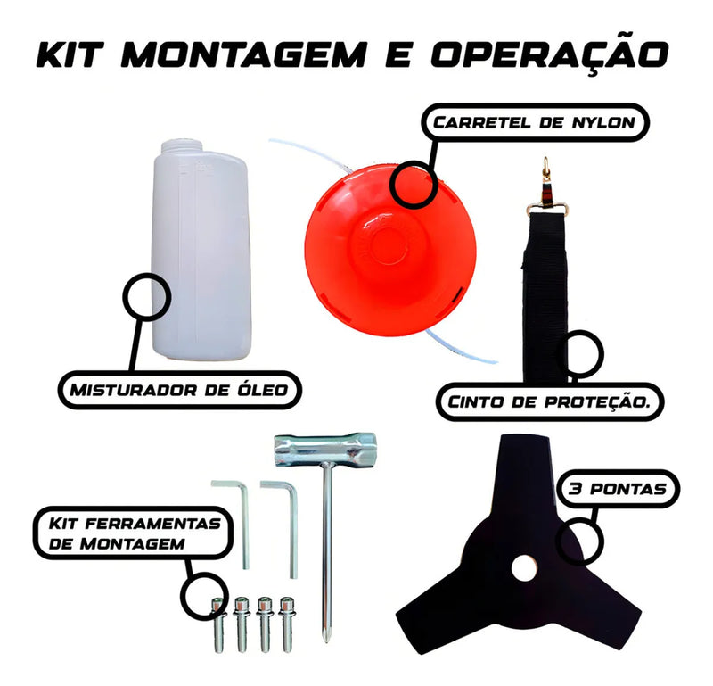 Roçadeira a Gasolina 2 Tempos Profissional 75CC 3HP Com Lâmina 3 e 2 Pontas Facão, Disco 80 Dentes, Kit de Reparo e Acessórios Knakasaki