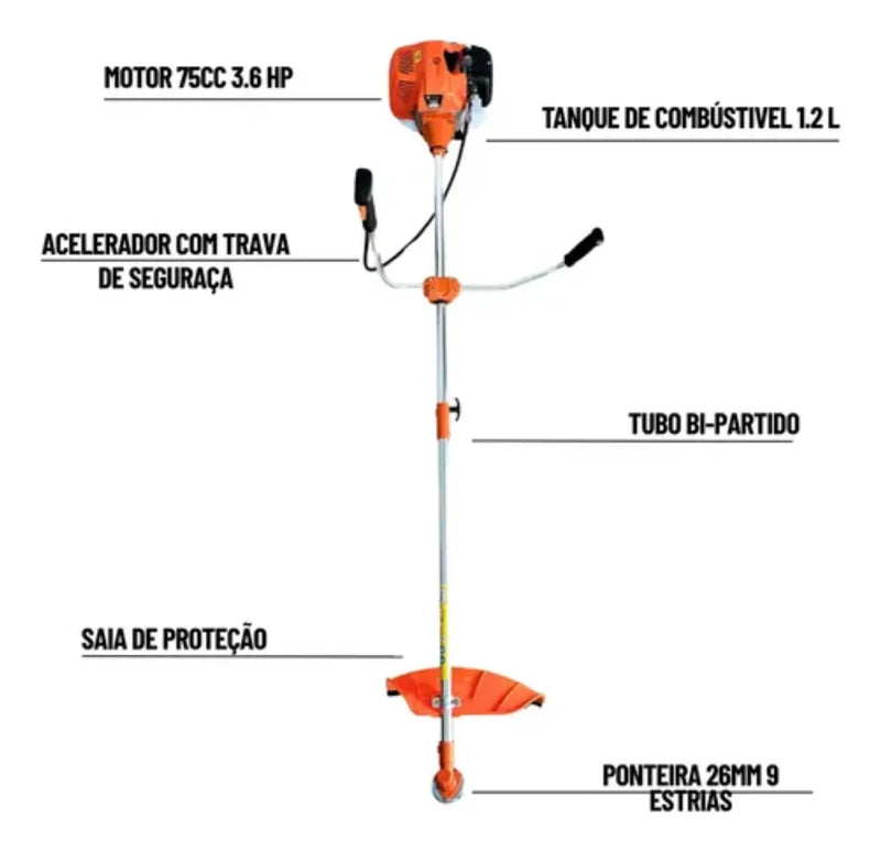 Roçadeira a Gasolina 2 Tempos Profissional 75CC 3HP Com Lâmina 3 e 2 Pontas Facão, Disco 80 Dentes, Kit de Reparo e Acessórios Knakasaki